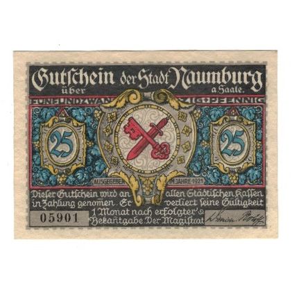Banknote, Germany, Naumburg a.S. Stadt, 25 Pfennig, batiment 2, 1921, AU(55-58)
