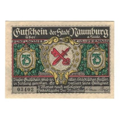 Banknote, Germany, Naumburg a.S. Stadt, 75 Pfennig, Batiment, 1921, AU(55-58)