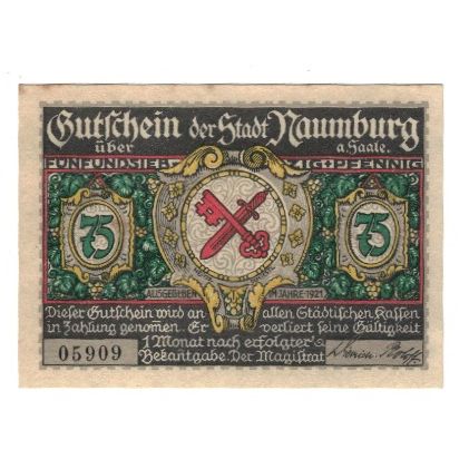 Banknote, Germany, Naumburg a.S. Stadt, 75 Pfennig, batiment 1, 1921, AU(55-58)