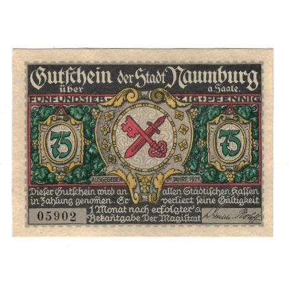 Banknote, Germany, Naumburg a.S. Stadt, 75 Pfennig, paysage, 1921, AU(55-58)