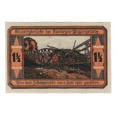 Billet, Allemagne, Kandrzin-Pogorzelletz Gemeinde, 1.5 Mark, pont, 1922, SUP