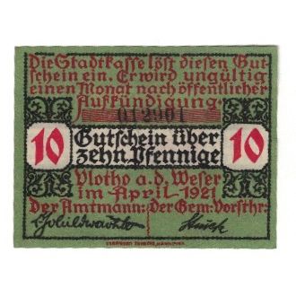 Banknote, Germany, Vlotho Stadt, 10 Pfennig, Blason, 1921, AU(55-58)