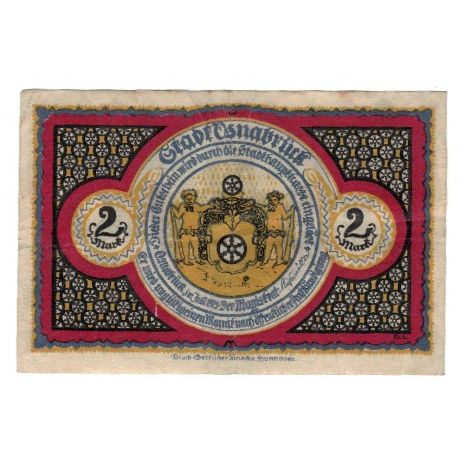 Banknote, Germany, Osnabrück Stadt, 2 Mark, statue, 1921, EF(40-45)
