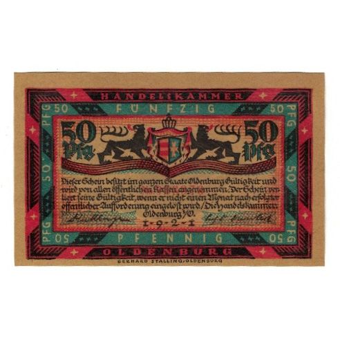 Banknote, Germany, Oldenburg i.O. Handelskammer, 50 Pfennig, bateau, 1921
