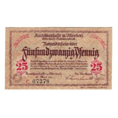 Banknote, Germany, Osterholz Amtssparkasse, 25 Pfennig, Palais de Justice, 1921