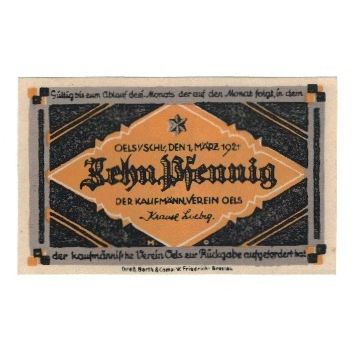 Banknote, Germany, Oels Kaufmännischer Verein, 10 Pfennig, paysage, 1921