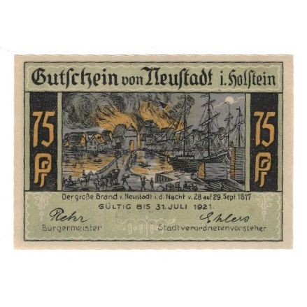 Banknote, Germany, Neustadt i. Holstein Stadt, 75 Pfennig, Incendie, 1921