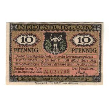 Banknote, Germany, Neidenburg Stadt, 10 Pfennig, paysage, 1920, 1920-09-22