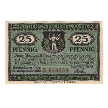 Banknote, Germany, Neidenburg Stadt, 25 Pfennig, paysage, 1920, 1920-09-22