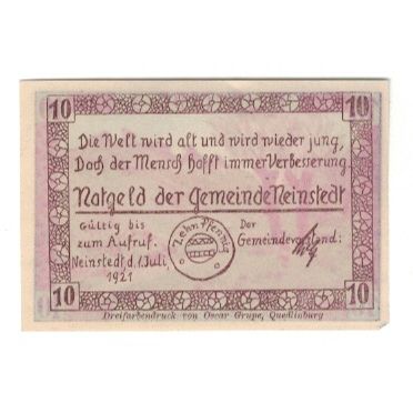 Banknote, Germany, Neinstedt a. Harz Gemeinde, 10 Pfennig, paysage, 1921