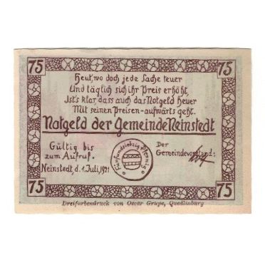 Banknote, Germany, Neinstedt a. Harz Gemeinde, 75 Pfennig, paysage, 1921