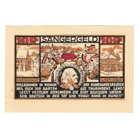 Banknote, Germany, Weimar Thür Sängerfest, 10 Pfennig, personnage, 1921