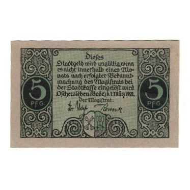 Banknote, Germany, Oschersleben a.Bode Stadt, 5 Pfennig, Texte, 1921