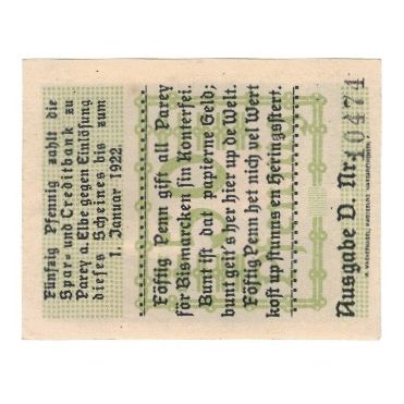 Billet, Allemagne, Parey a.d. Elbe Spar und Creditbank, 50 Pfennig, Texte, 1922