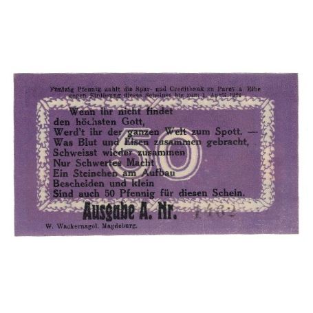 Nota, Alemanha, Parey a.d. Elbe Spar und Creditbank, 50 Pfennig, texte 1, 1922