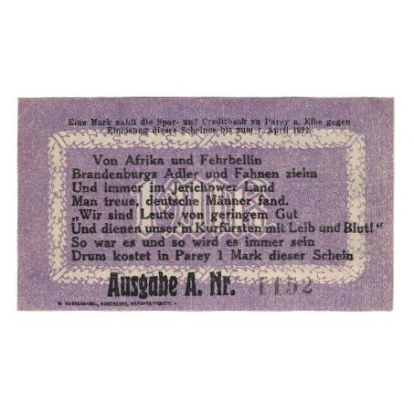 Banconote, Germania, Parey a.d. Elbe Spar und Creditbank, 1 Mark, Texte, 1922