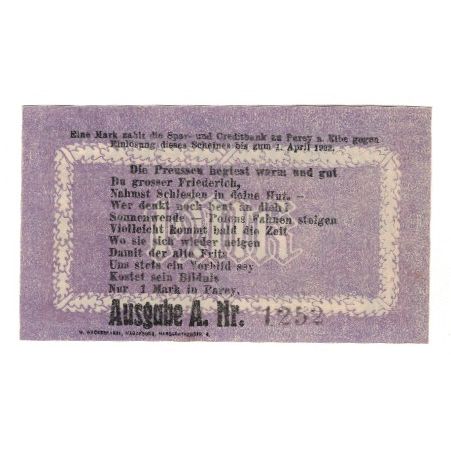Geldschein, Deutschland, Parey a.d. Elbe Spar und Creditbank, 1 Mark, texte 1