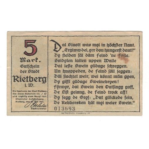 Banknote, Germany, Rietberg Stadt, 5 Mark, personnage, 1921, 1921-05-12