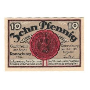 Billet, Allemagne, Ronneburg Stadt, 10 Pfennig, Batiment, 1921, 1921-05-01, SUP