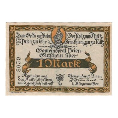 Banknote, Germany, Prien Gemeinde, 1 Mark, personnage, 1920, 1920-12-01