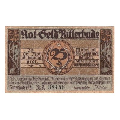 Banknote, Germany, Ritterhude Gemeinde, 25 Pfennig, Batiment, 1921, AU(55-58)
