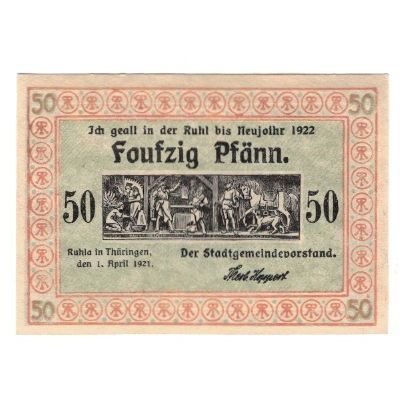 Geldschein, Deutschland, Ruhla Stadte, 50 Pfennig, personnage 2, 1922, VZ