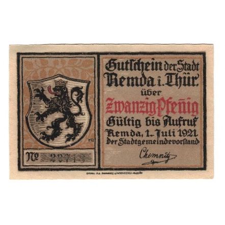 Banknote, Germany, Remda Stadt, 20 Pfennig, Batiment, 1921, 1921-07-01