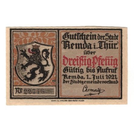 Banknote, Germany, Remda Stadt, 30 Pfennig, paysage, 1921, 1921-07-01