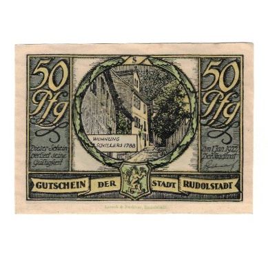 Biljet, Duitsland, Rudolstadt Stadt, 50 Pfennig, personnage 1, 1922, 1922-01-01