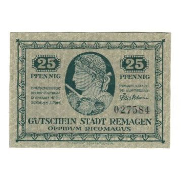 Banknote, Germany, Remagen Stadt, 25 Pfennig, Batiment, 1921, AU(55-58)