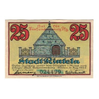 Banknote, Germany, Rinteln a.W. Stadt, 25 Pfennig, personnage, 1920, AU(55-58)