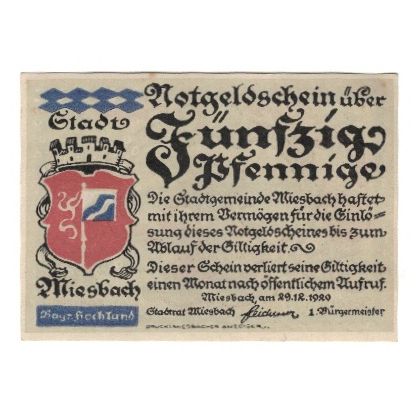 Banconote, Germania, Miesbach Stadt, 50 Pfennig, personnage, 1920, 1920-12-29