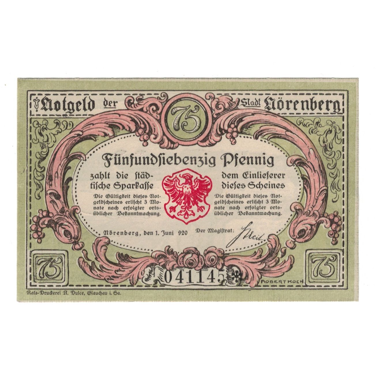 Banknote, Germany, Norenberg Stadt, 75 Pfennig, animal, 1920, 1920-06-01