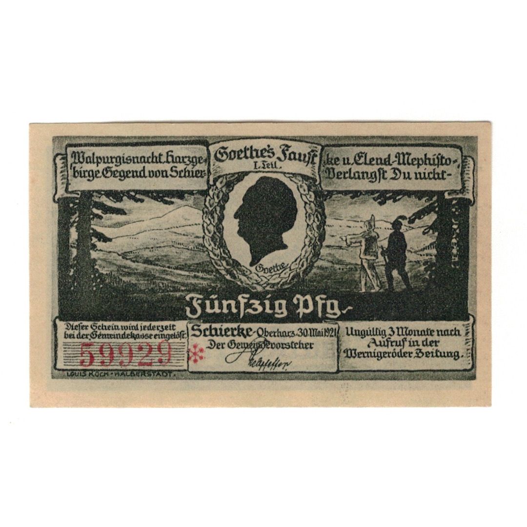 Banconote, Germania, Schierke im Harz Gemeinde, 50 Pfennig, Batiment, 1921
