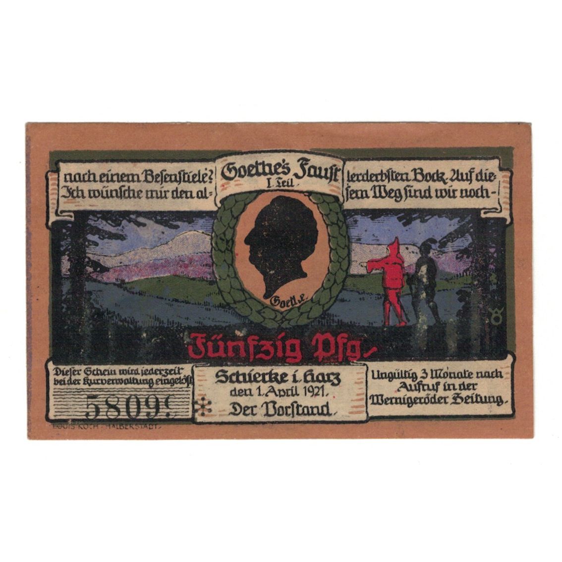 Banconote, Germania, Schierke im Harz Kurverwaltung, 50 Pfennig, Eglise, 1921