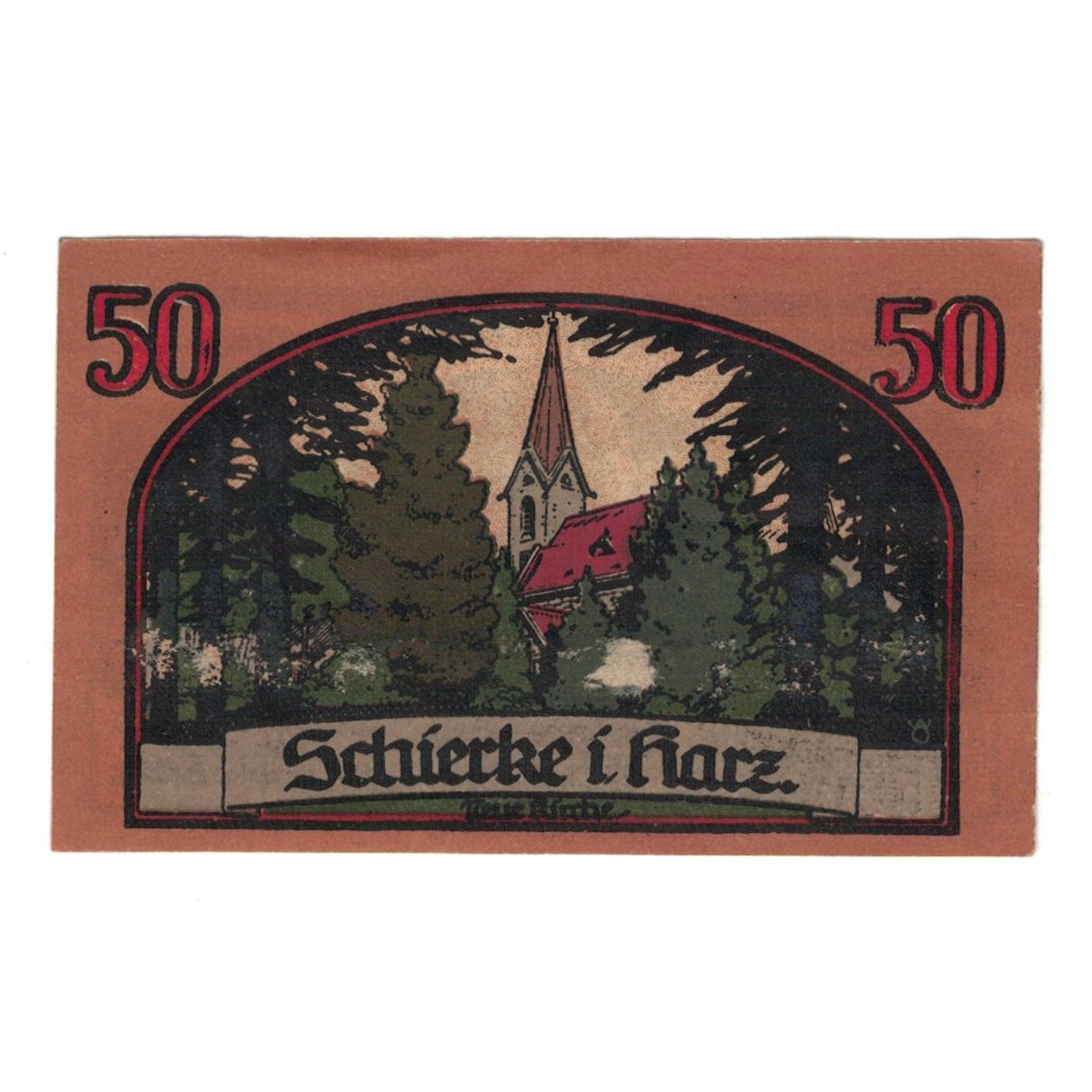 Banconote, Germania, Schierke im Harz Kurverwaltung, 50 Pfennig, Eglise, 1921
