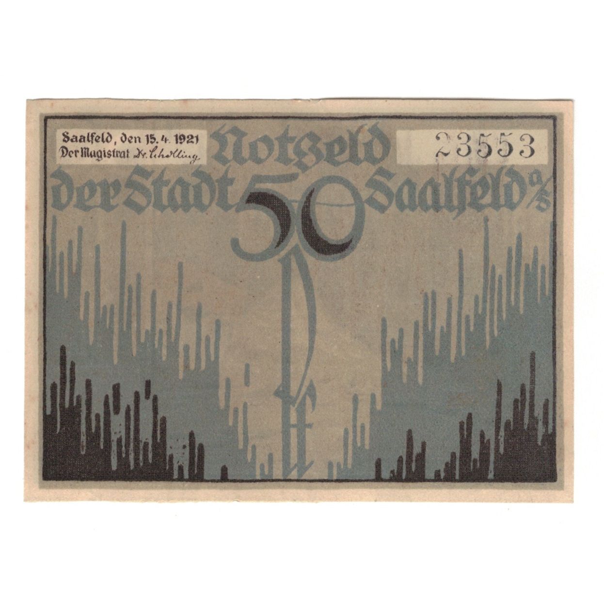 Geldschein, Deutschland, Saalfeld Stadt, 50 Pfennig, paysage, 1921, 1921-04-15