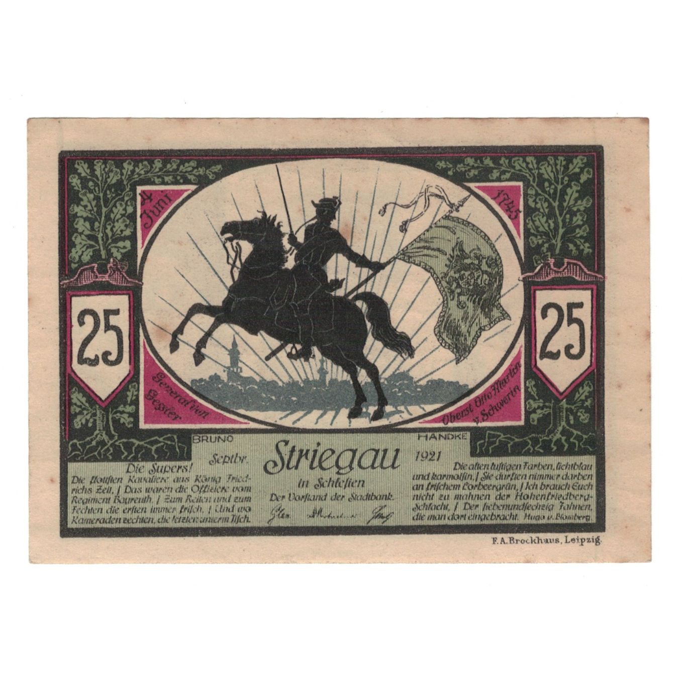 Banconote, Germania, Striegau Stadt, 25 Pfennig, personnage 1, 1921 (1922)