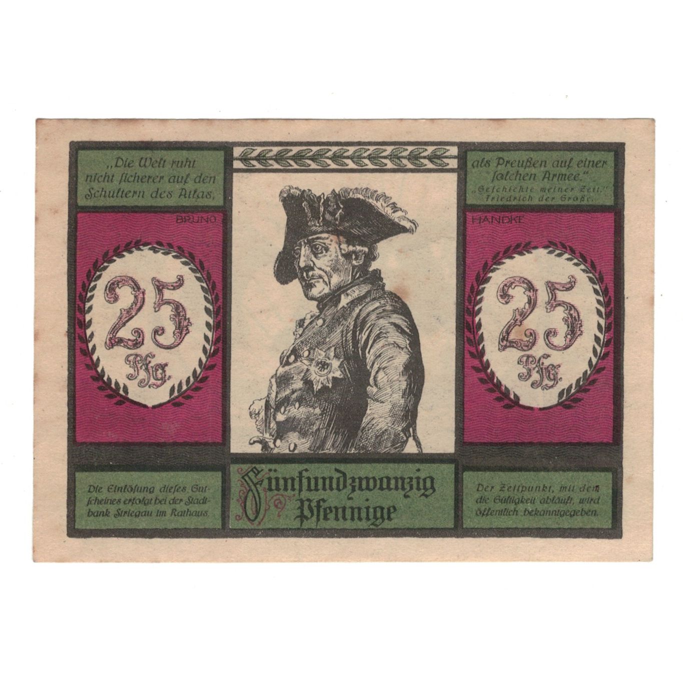 Banconote, Germania, Striegau Stadt, 25 Pfennig, personnage 1, 1921 (1922)