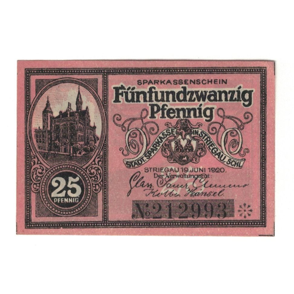 Banknote, Germany, Striegau Städtische Sparkasse, 25 Pfennig, paysage, 1920