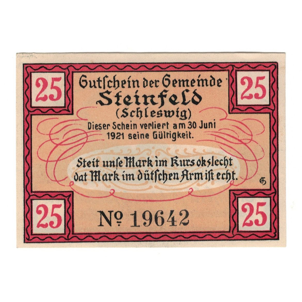 Banknote, Germany, Steinfeld Gemeinde, 25 Pfennig, moulin, 1921, 1921-06-30