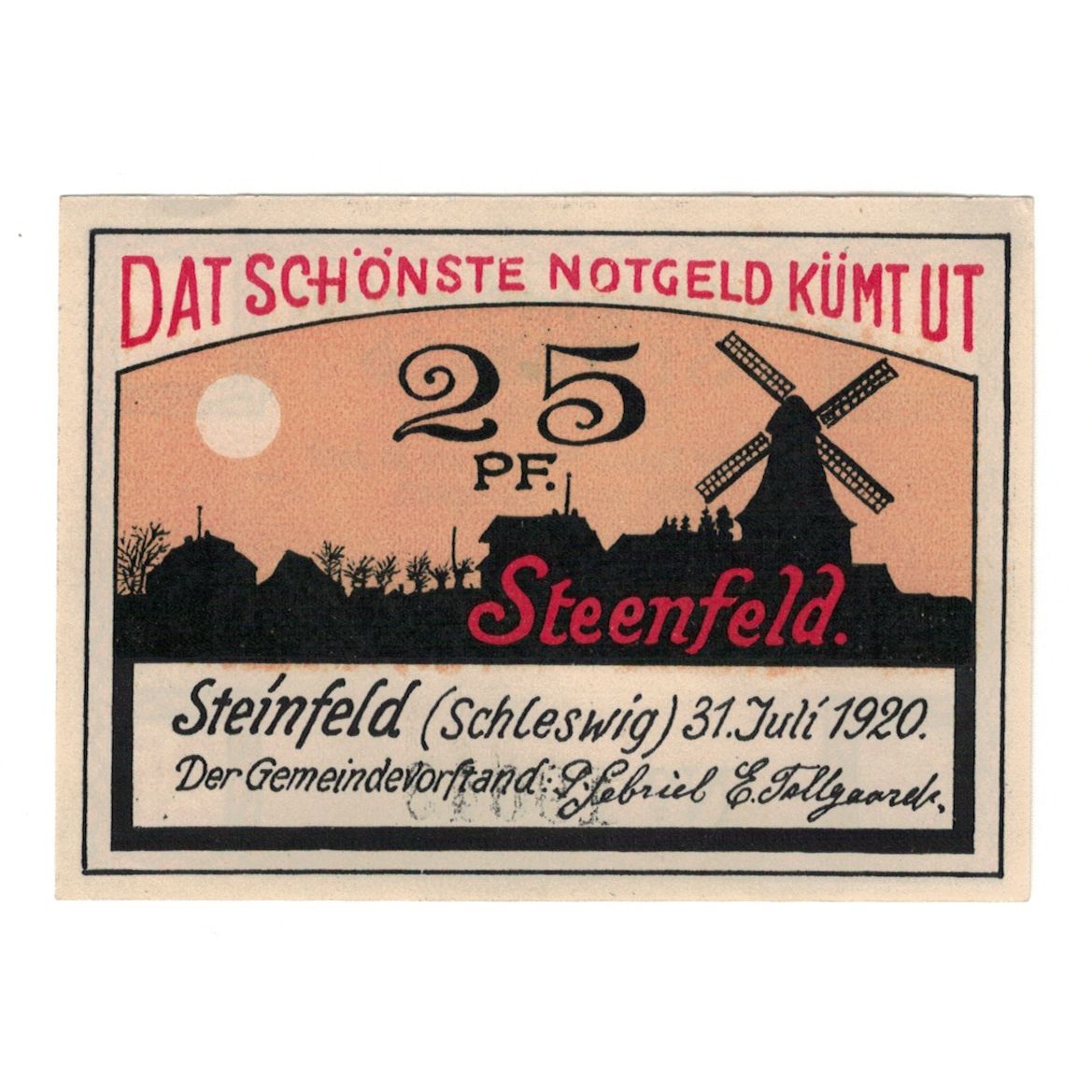 Banknote, Germany, Steinfeld Gemeinde, 25 Pfennig, moulin, 1921, 1921-06-30