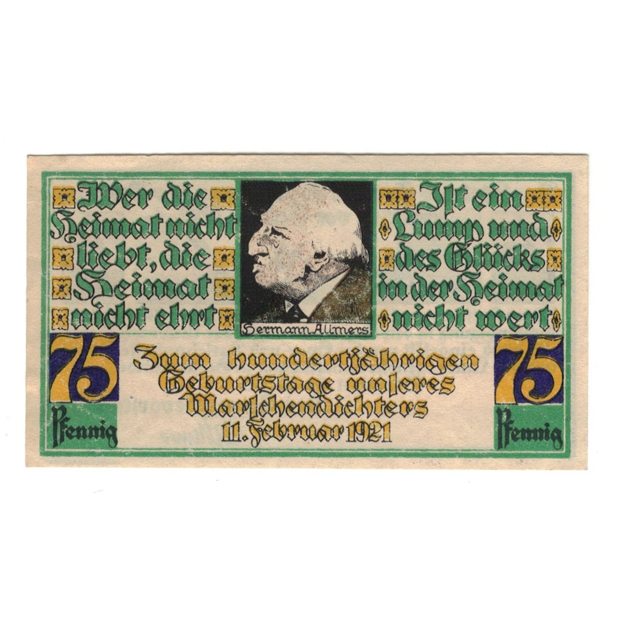 Banknote, Germany, Stotel Gemeinde, 75 Pfennig, personnage, 1921, 1921-02-11