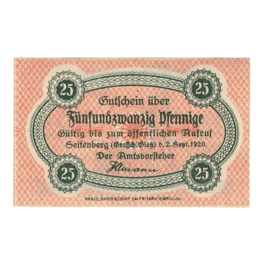Banconote, Germania, Seitenberg Grafsch Glatz Amt, 25 Pfennig, Batiment, 1920