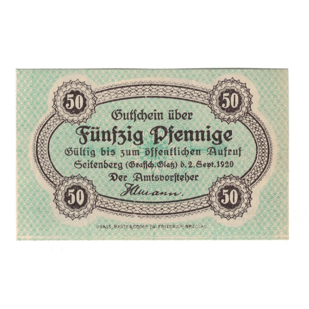 Banknote, Germany, Seitenberg Grafsch Glatz Amt, 50 Pfennig, Batiment, 1920
