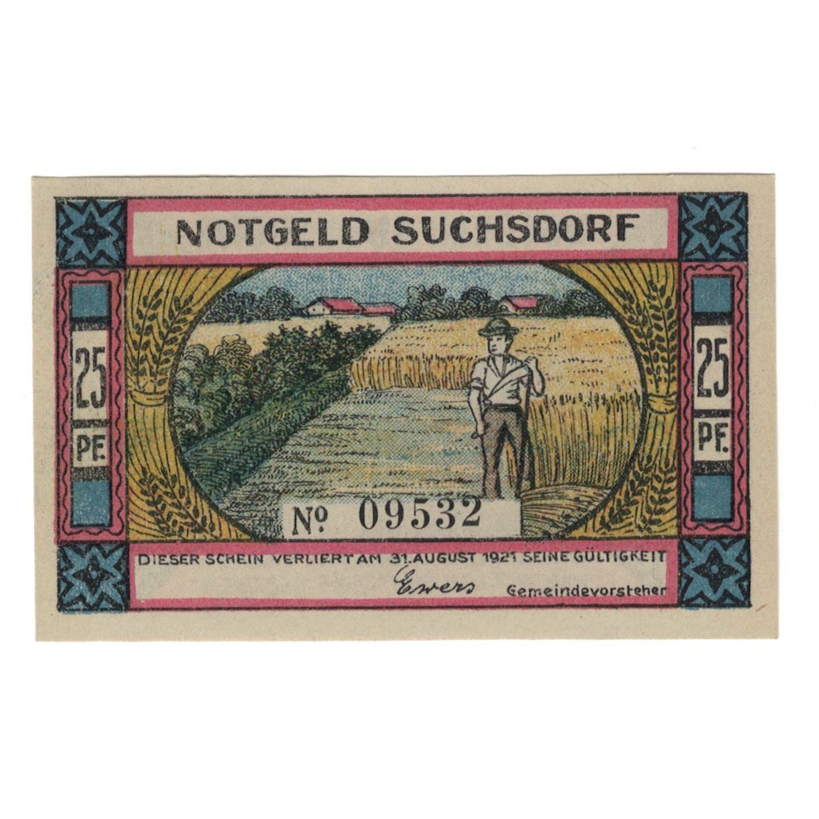 Geldschein, Deutschland, Suchsdorf Gemeinde, 25 Pfennig, personnage, 1921