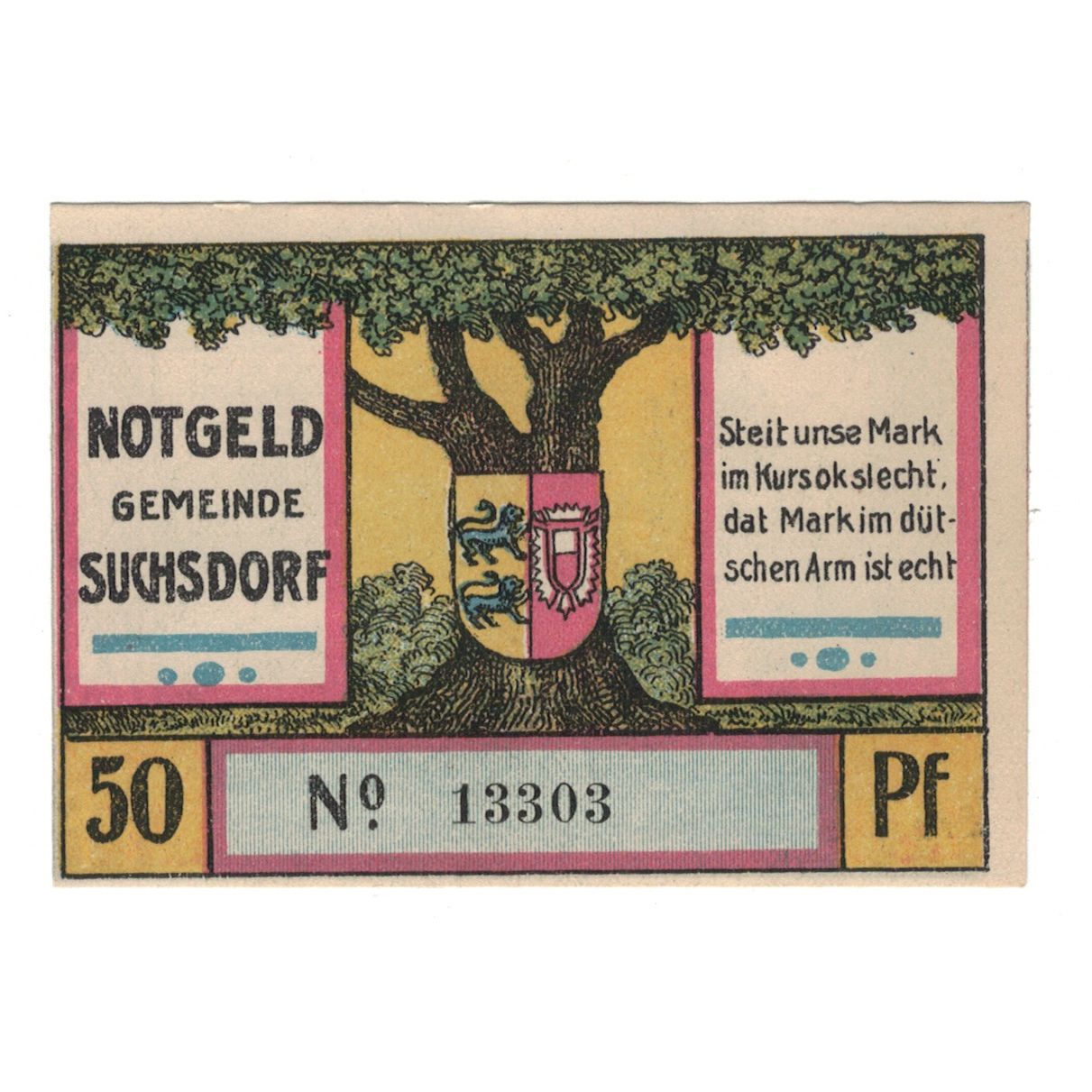 Banknote, Germany, Suchsdorf Gemeinde, 50 Pfennig, arbre, 1921, 1921-08-31