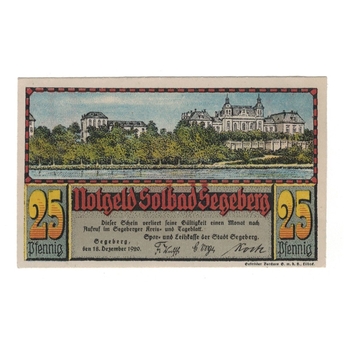 Geldschein, Deutschland, Segeberg Spar und Leihkasse der Stadt, 25 Pfennig