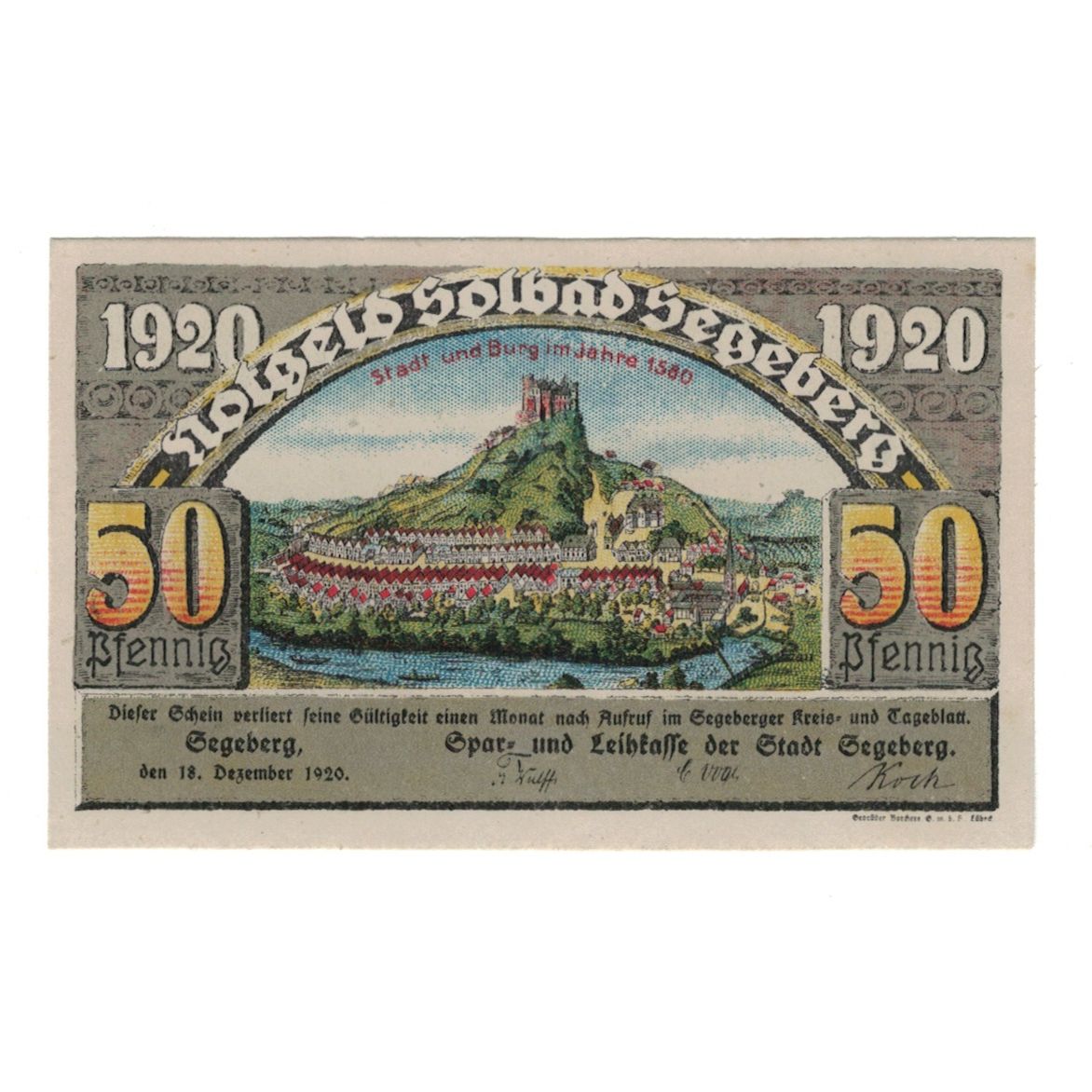 Banknote, Germany, Segeberg Spar und Leihkasse der Stadt, 50 Pfennig, paysage