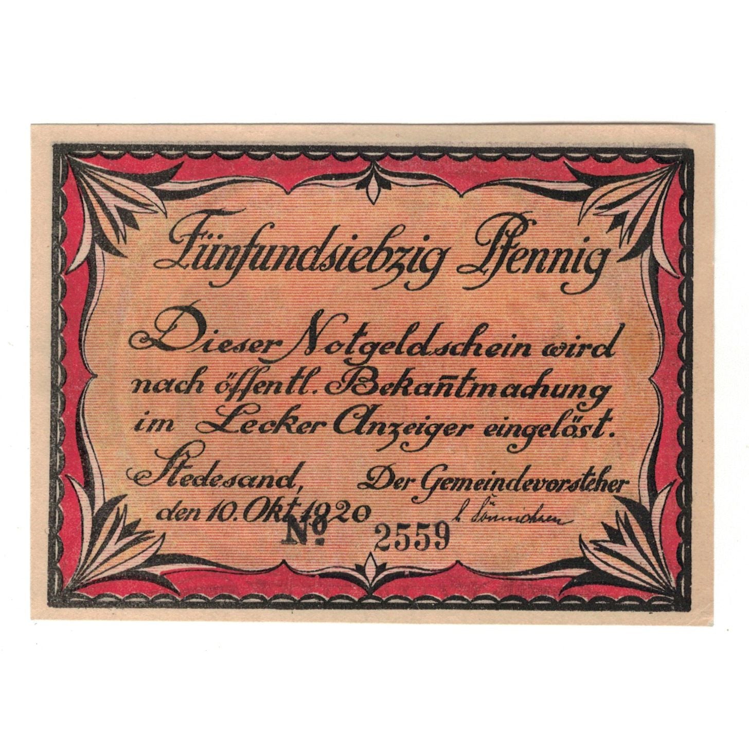 Banknote, Germany, Stedesand Gemeinde, 75 Pfennig, personnage, 1920, 1920-10-10